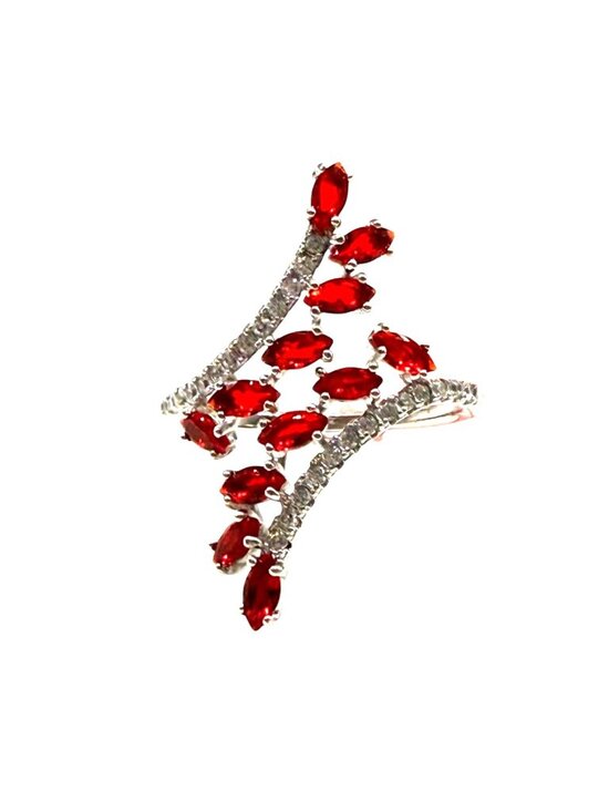 Marquise Kashmir Red Ruby Ring: 925 Sterling Silver, Yellow  Ring Red Zirconia Bypass Fern Leaf Marquise Statement Sterling Silver Sz 11